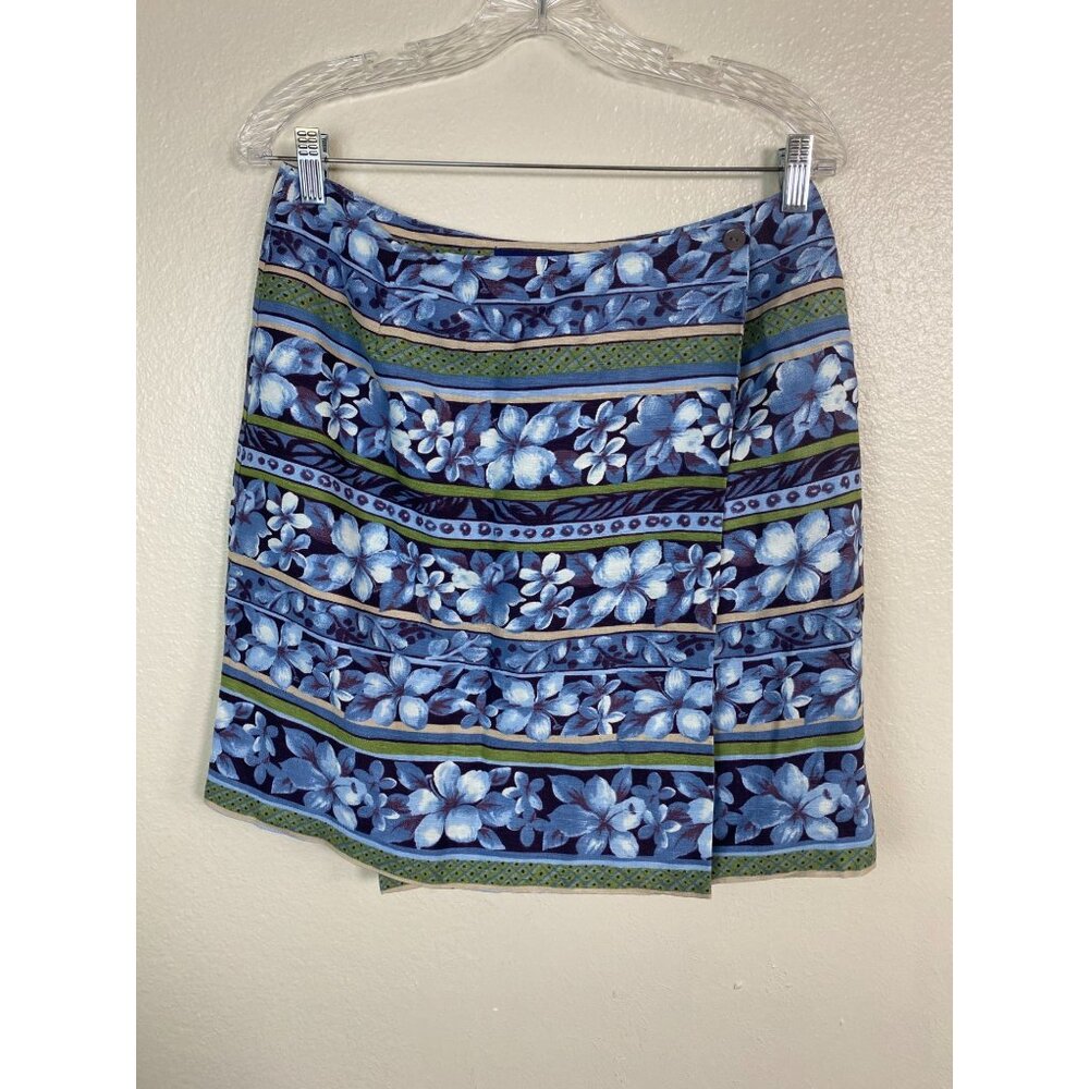 Charter Club Blue Floral Linen Blend True Wrap Skirt size 12 Petite Hawaiian